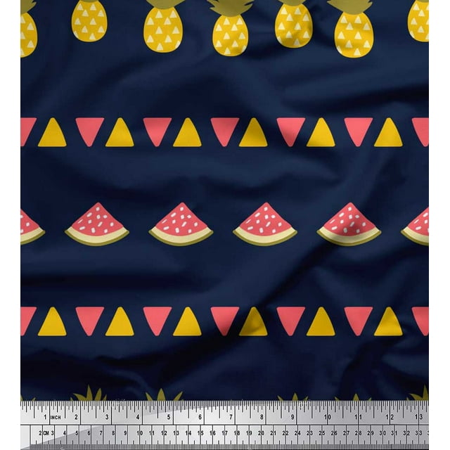 Soimoi Blue Modal Satin Fabric Triangle,Pine & Watermelon Fruits Fabric Prints By Yard 42 Inch Wide