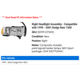 thumbnail image 2 of Right Headlight Assembly - Compatible with 1999 - 2001 Dodge Ram 1500 2000, 2 of 2