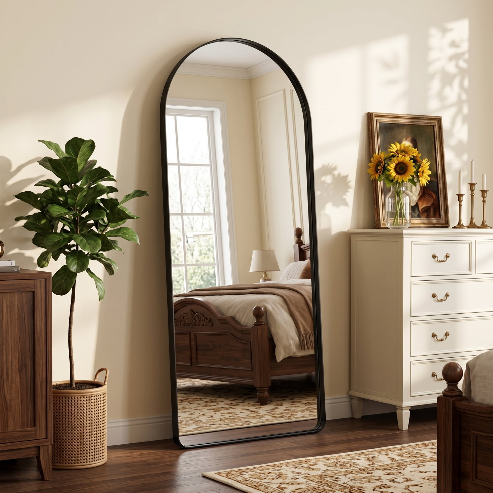 GRAHMCY 21"x64" Arched Floor Mirror Rounded Corner Full Length Mirror with Deep Frame, Black