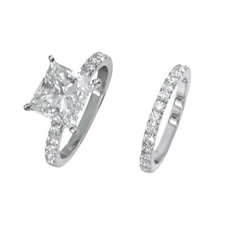 BNNG Bridal Ring Set Round Engagement Ring Matching Half Wedding Band Square Silver Cubic Zirconia Bridal Rhinestone Engagement Ring Full Diamond Zirconia Solitaire Ring