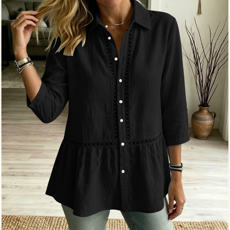 Tusihei Women's 3/4 Sleeve Button Down Peplum Top Collared Eyelet Lace ...
