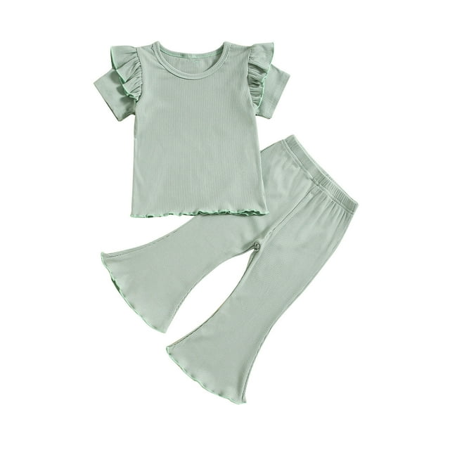 Plebaso Baby Girls Solid Color Ruffled Sleeve Round Neck Tops Elastic Waist Trousers Two-Piece Set Kids Casual Clothes