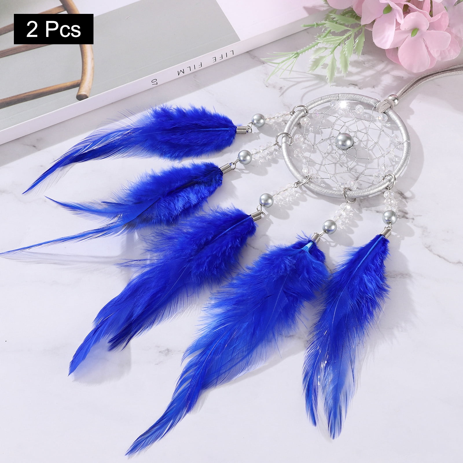 Unique Bargains Dream Catchers Handmade Feather Dreamcatcher with Crystal Beads Dark Blue