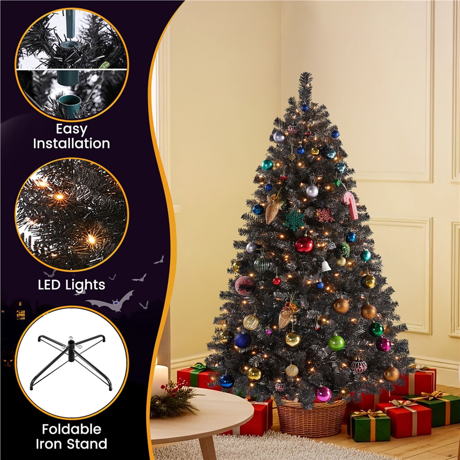 Alden Design 4.5FT Artificial Pre-lit Christmas Fir Tree with Foldable Stand,150 LED Warm Lights,Black