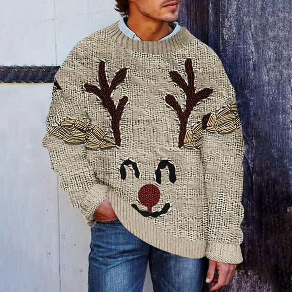 Brondbend Men Sweaters Casual Christmas Men Pullover Sweater Crewneck Long Sleeved Tops Print Comfortable Loose Fit Blouse Fall Winter Festival Clothes Khaki