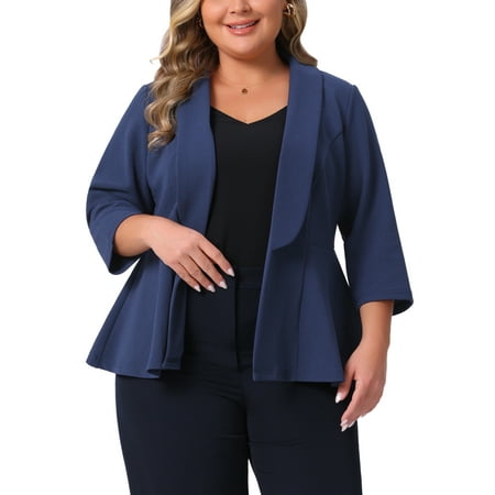 Agnes Orinda Women's Plus Size Blazers Lapel 3/4 Sleeve Peplum Open Front Casual Business Cardigan Jackets 1X Navy Blue