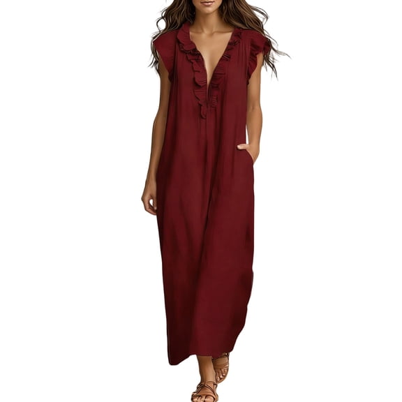 Puliio Maxi Dresses for Women Sleeveless V Neck Ruffle Loose Casual Dress with Pockets