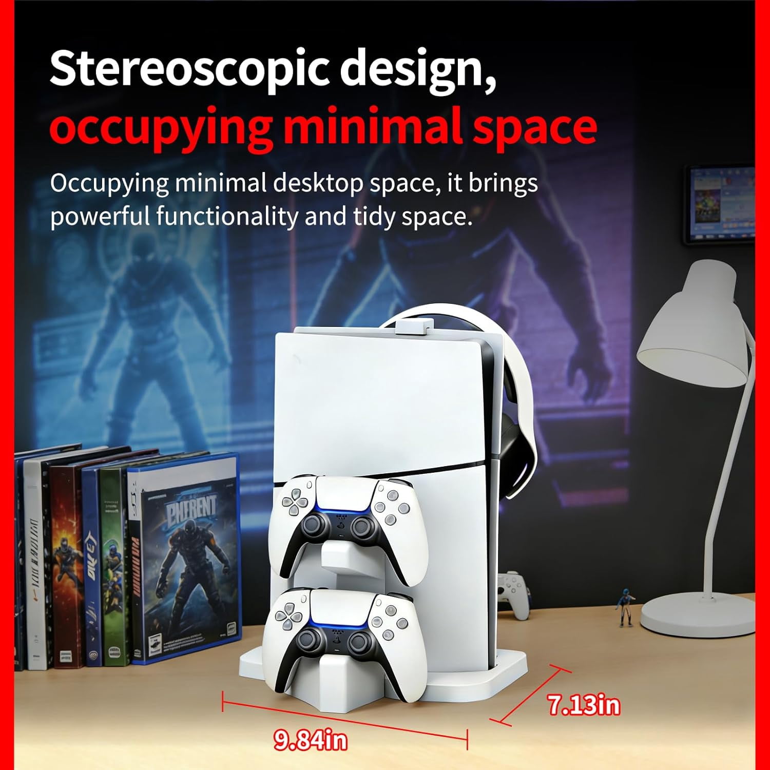 PS5 Slim Vertical Stand with Dual Controller Charger, Silent Fanless Charging Station with Headphone Holder, for PlayStation 5 Slim Disc & Digital