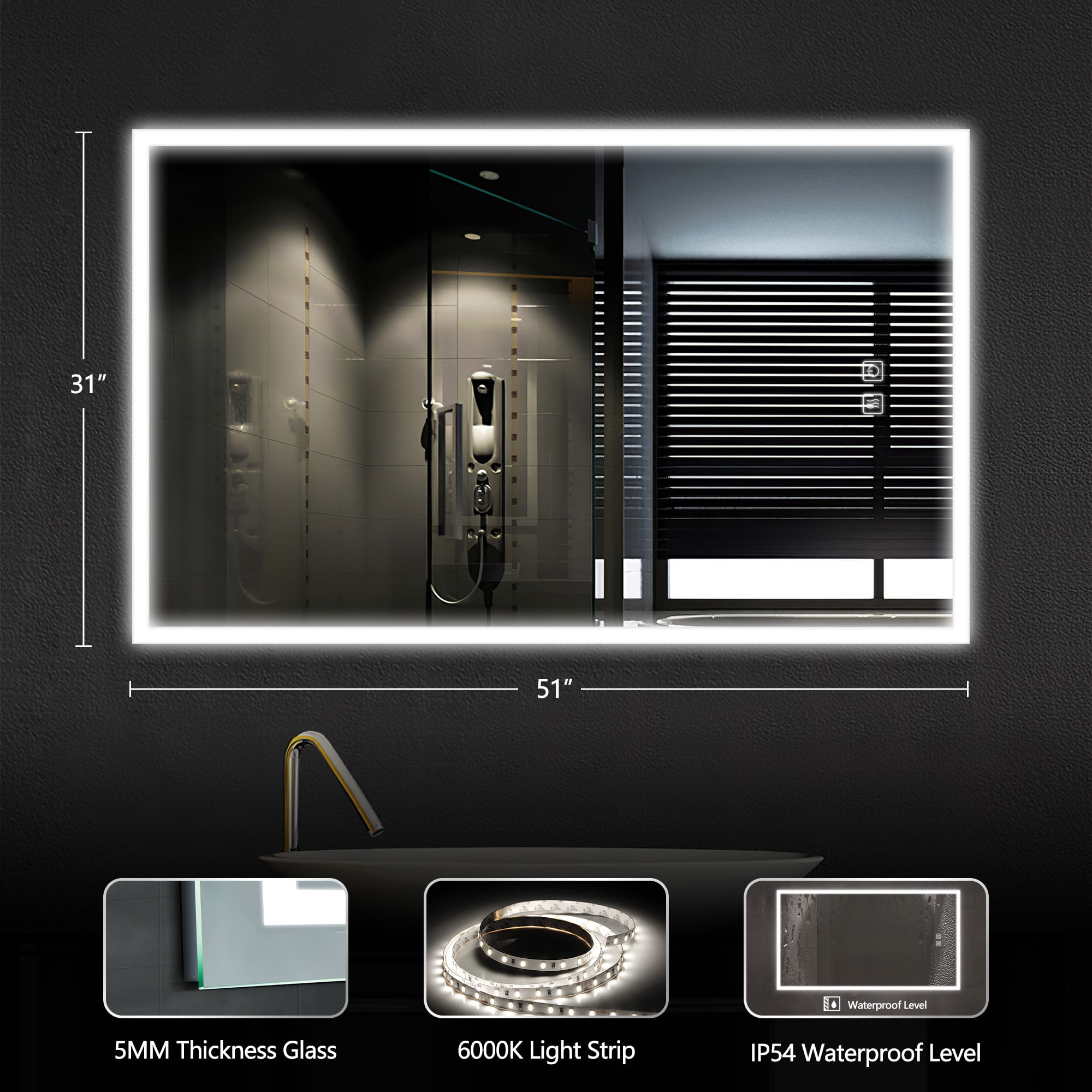 51"x31" Edge LED Lighted Wall Mounted Bathroom Mirror Modern Rectrangle Vanity Mirror with Anti-Fog,Silver