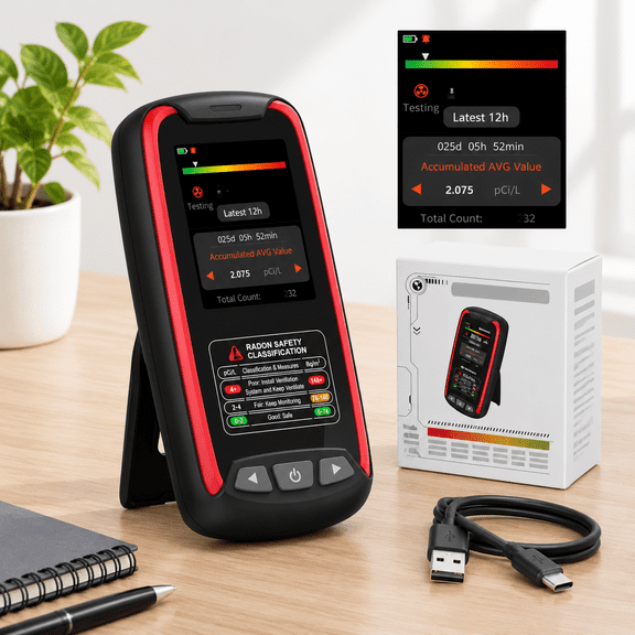 Radon Detector for Home, Black and Red, 6.38 x 5.12 x 2.01 Inches
