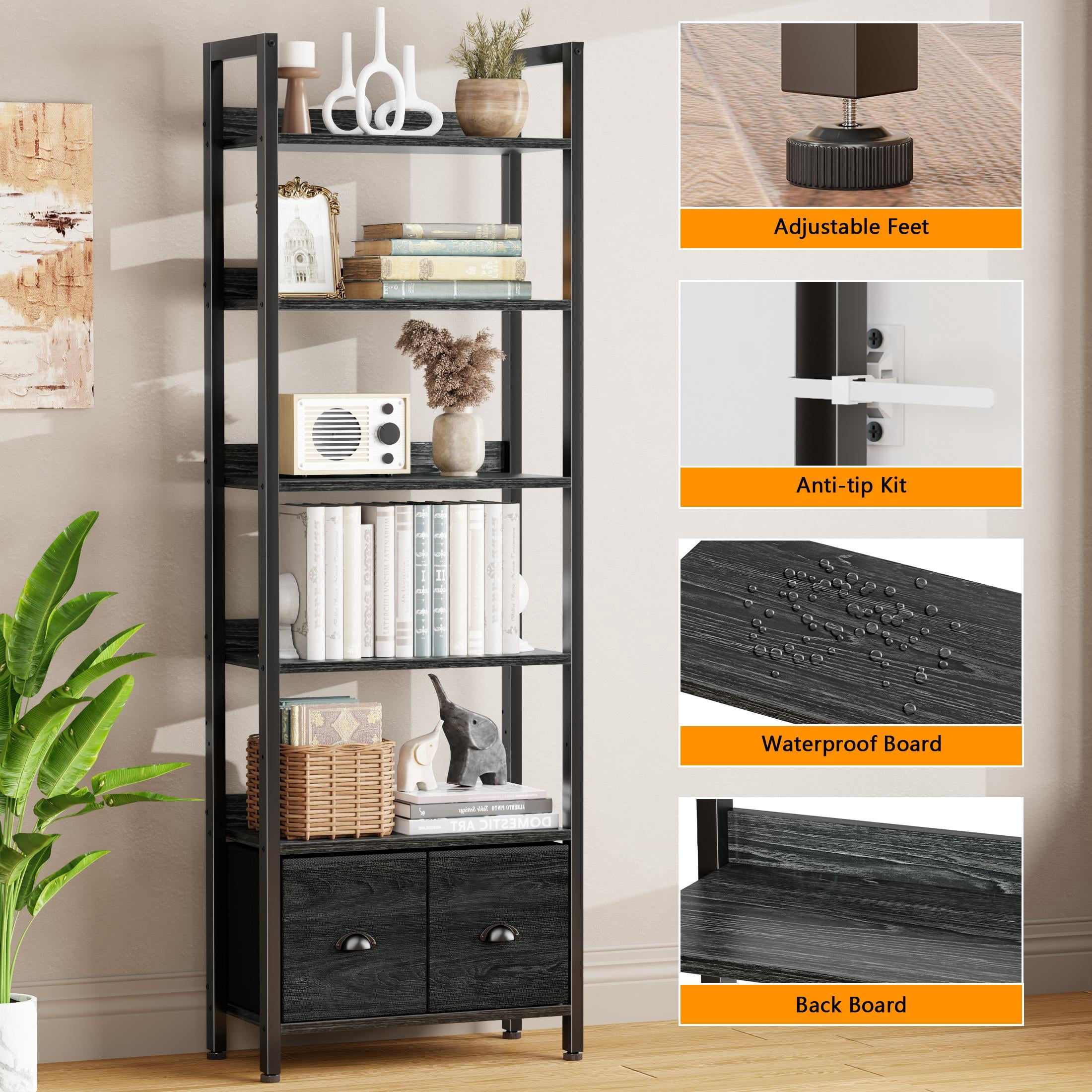 Satifur 6 Tier Black Industrial Bookshelf, Tall Storage Shelving Unit with 2 Detachable Drawers, Anti-Tip & Waterproof Boards for Living Room, Bedroom