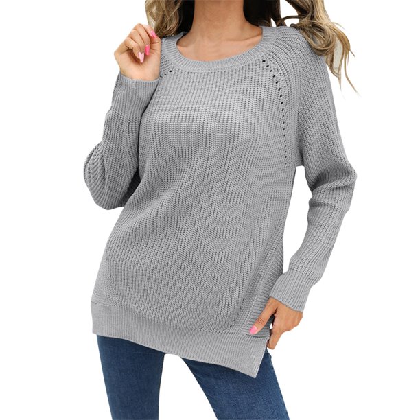 Gibobby Suéter de Cuello Redondo para Mujer, suéter ligero de cuello redondo para mujer(Gris,G)