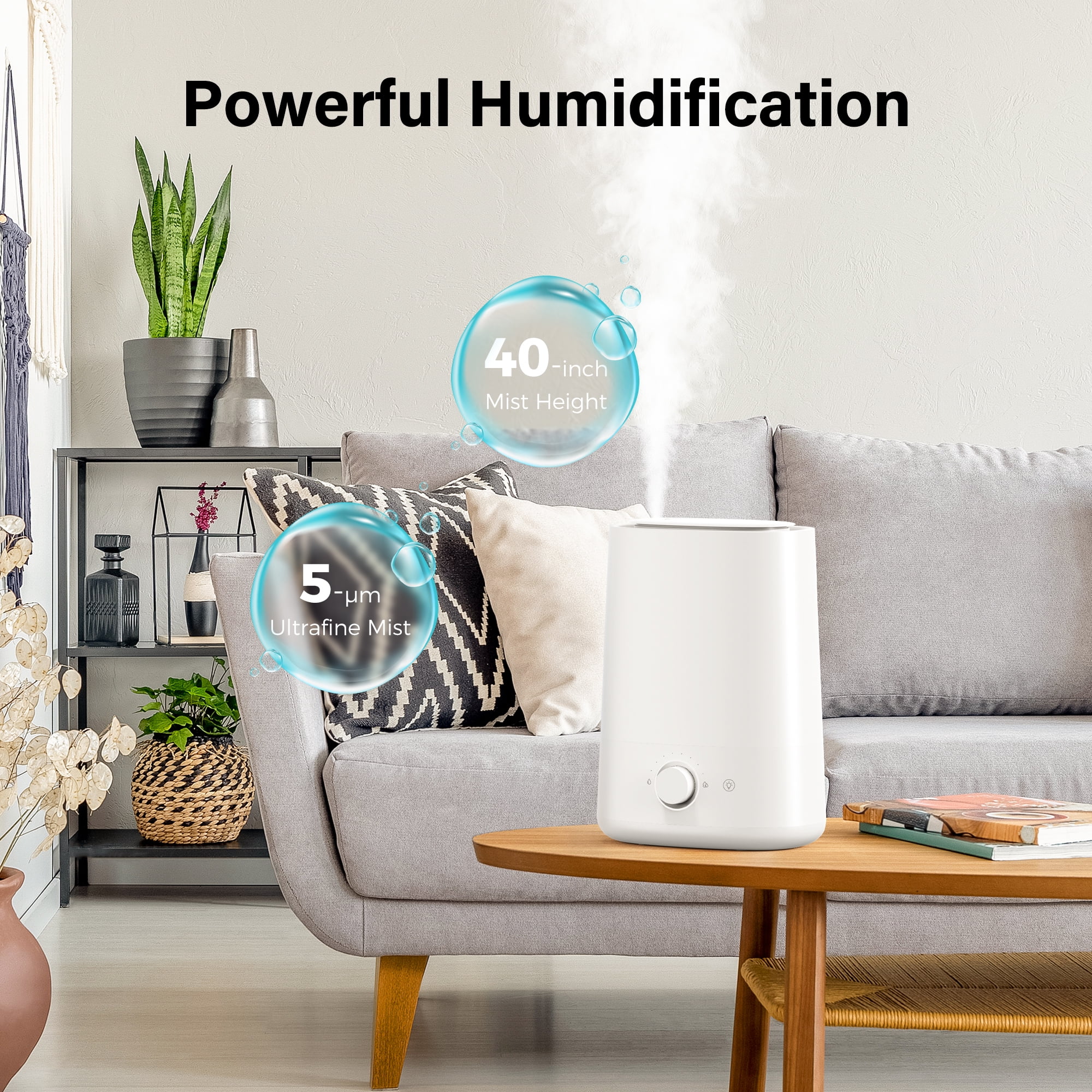 ALROCKET 5L Humidifiers for Bedroom, Cool Mist Humidfiers for Home Large Room,50H Runtime Ultrasonic Humidifier,Baby and Plant,White
