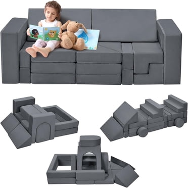 Qaba Modular Kids Play Couch, 12 Piece Kids Couch for Playroom Bedroom, Convertible Sofa Lounger for Boys & Girls, Khaki