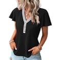 thumbnail image 2 of Tops elegantes con botones de empalme de gofres para mujer, camiseta de manga Feifei de estilo dulce, camisetas rectas informales para mujer 2023, 2 of 5