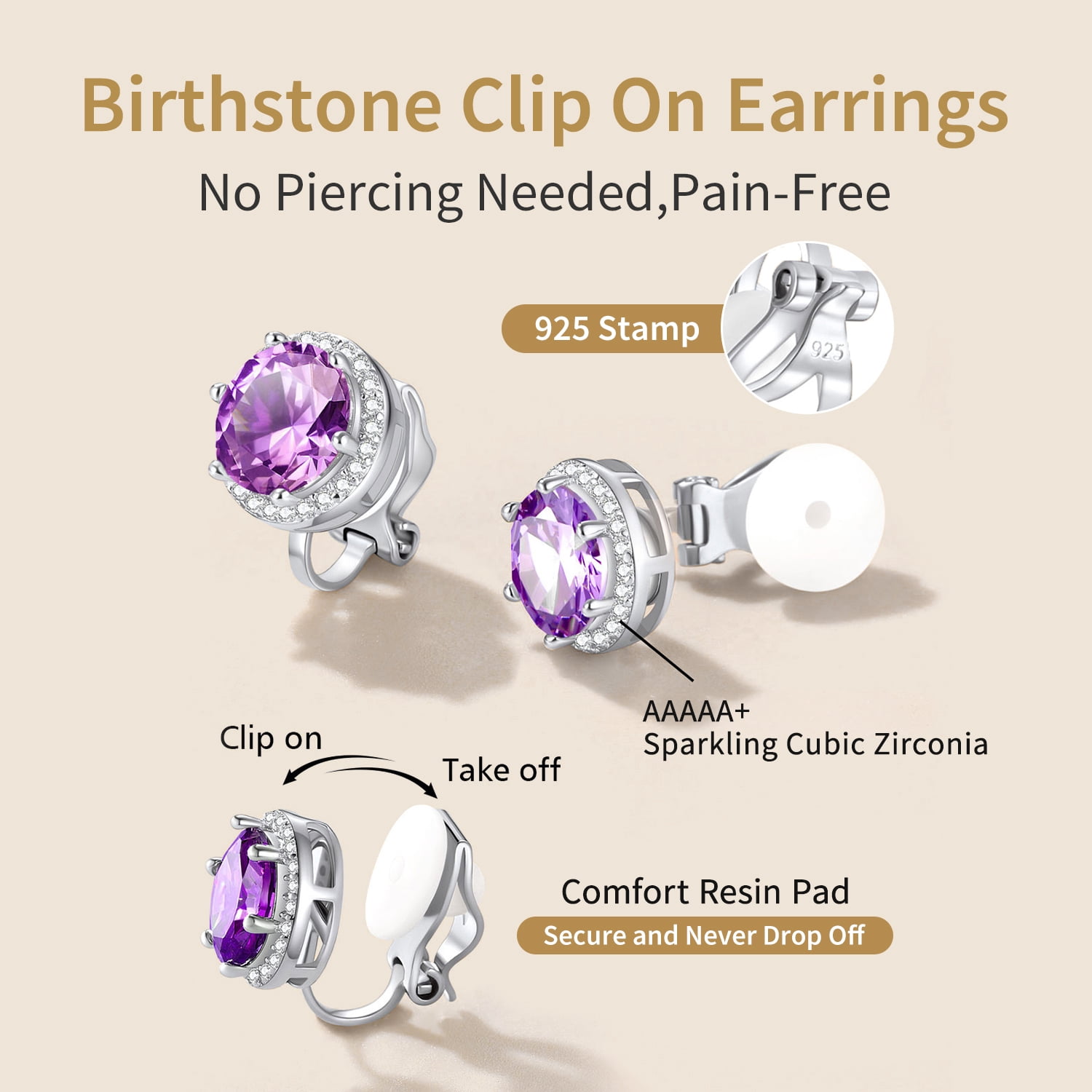FindChic Pure 925 Sterling Silver Clip On Earrings for Women, Round 8MM Cubic Zirconia Non Pierced Studs Synthetic Alexandrite Birthstone Earrings Jewelry Gifts for Her, Birthday/Christmas