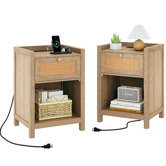 Holliwill Nightstand for Bedroom Set of 2 with Charging Station, Boho Rattan Modern Bedside Tables with Type-C port, USB port, Bed Side Tables End Table - Natural Oak
