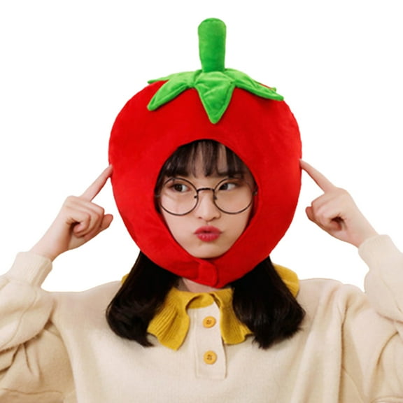 Ysmooiuy Adult Kids Lovely Tomato Shape Plush Hat Funny Fruit Stuffed Headgear Warm Earflap Cosplay Party Photo Props