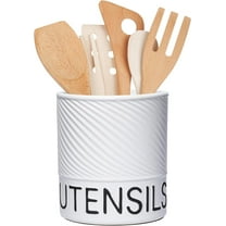 Arikago Utensil Holder for Kitchen Counter, 6.5" Large Ceramic Utensil Crock with Cork Mat, Modern Cooking Tool Spatula Organizer for Countertop Decor, Matte White