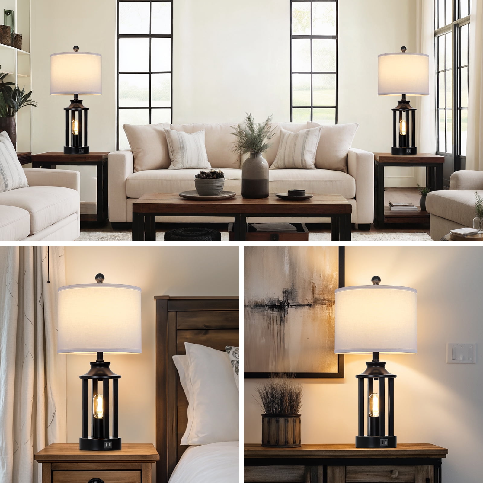 Cinkeda Modern Table Lamp Set of 2 with USB Ports 3 Way Dimmable Nightlight Industrial Black Bedside Lamps for Bedroom Living Room