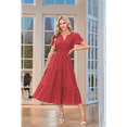 thumbnail image 2 of V-Neck Pleated Puff Sleeves Long-Sleeved Dress Red S, 2 of 4