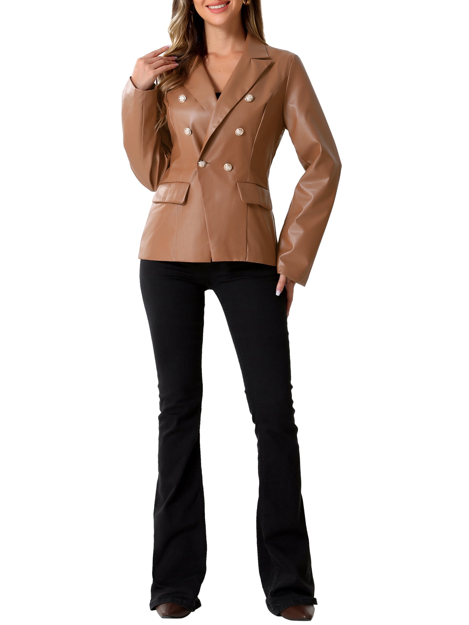 INSPIRE CHIC Women's Notched Lapel Faux Leather Blazer Double Breasted PU Work Formal Jackets