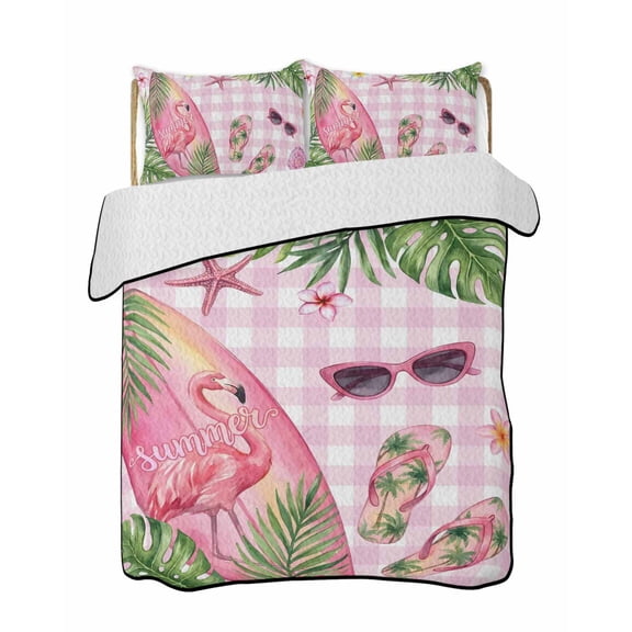 Quilts Queen Size Bedding Set, Summer Flamingo Reversible Summer Quilt 3 Pieces, Tropical Plants Botanical Floral Pink Plaid Lightweight Bedspreads Coverlets with 2 Pillow Shams for All Seasons