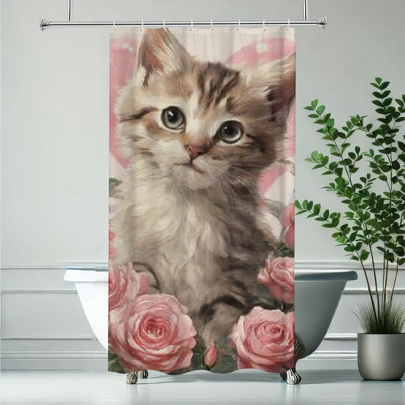 RKSupls Christmas Shower Curtain, Pink Rose Flowers Kitty Shower Curtain with Hooks for New Year Home Bathroom Decor Washable Curtains, 36x72 in