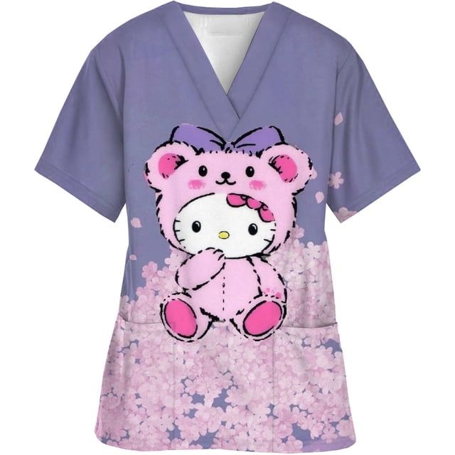 Uniforme d'Infirmière Kawaii, Hauts de Blouses Médicales pour Femmes, Imprimé Hello Kitty, Manches Courtes, Poches
