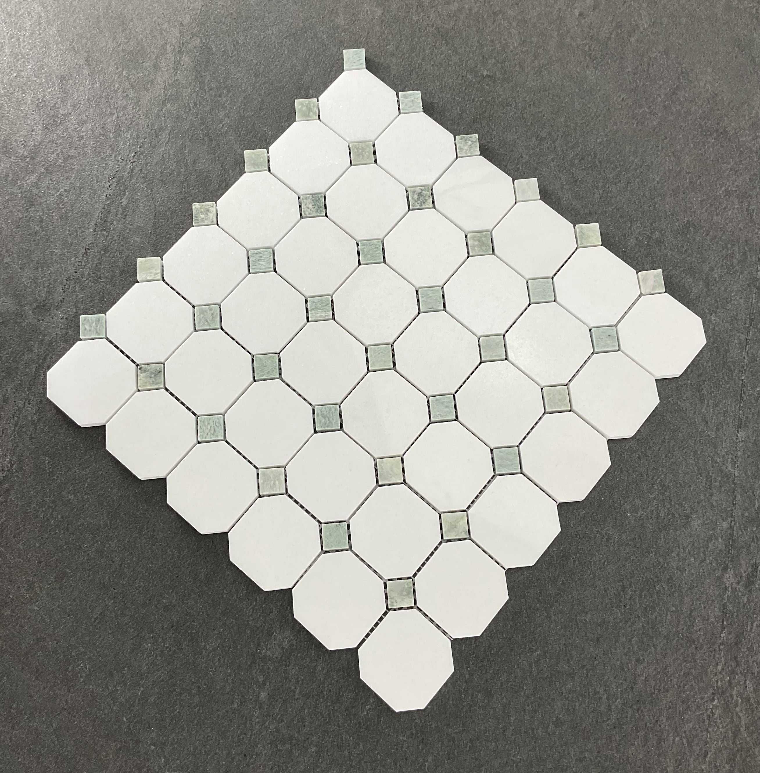 10-Pieces of Thassos White Octagon and Ming Green Dot Marble Mosaic Tile