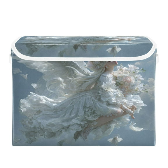 Large Collapsible Storage Box Flip Lid Fabric Decorative Organizer Container Basket with Handles 16.5×12.6×11.8in Flower Angel