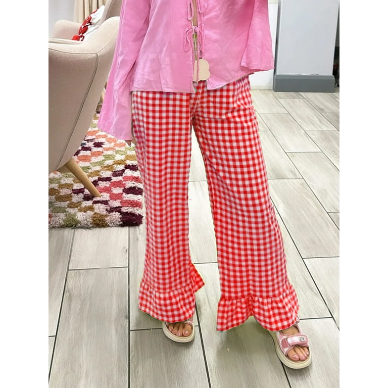 Women Ruffle Gingham Pants Cute Plaid Wide Leg Lounge Pants Women Ruffle Gingham Pants Cute Plaid Wide Leg Lounge Pants