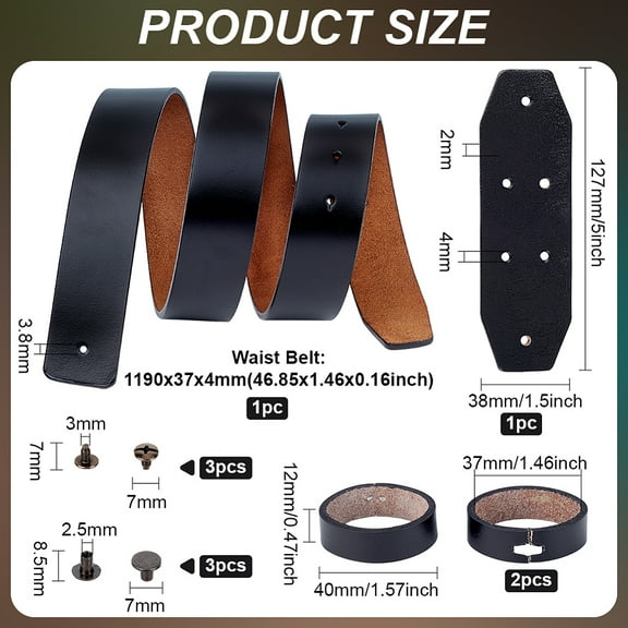 1set Cowhide Leather Belt Strap Blank Flat Strap Replacement Accessories with Belt Rings & Studs & Caps Black 1190mm