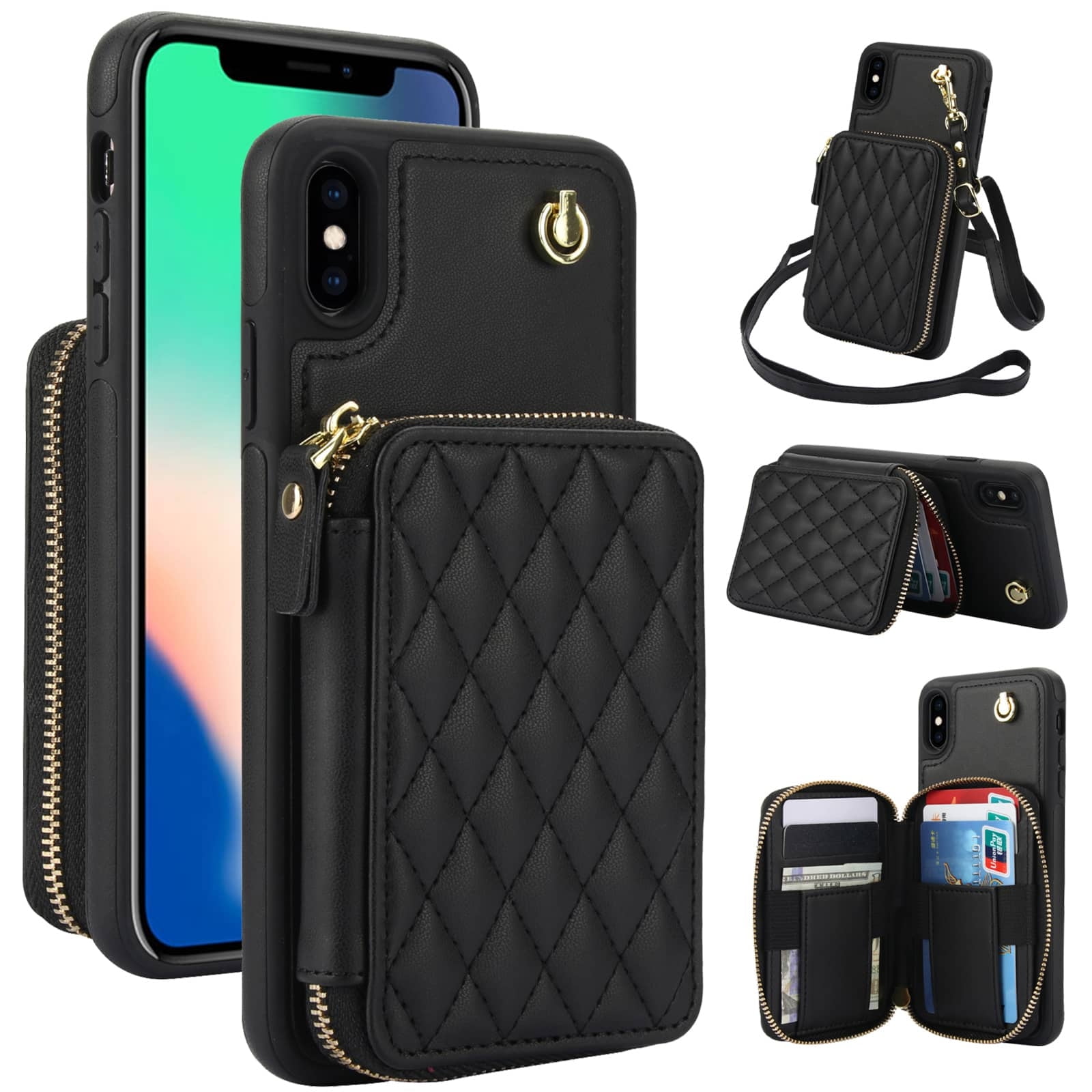 Crossbody Wallet Case for iPhone XS Max, RFID Blocking Zipper Handbag Purse Flip Cover, Kickstand Folio Case Card Slots Holder Wrist Strap Lanyard