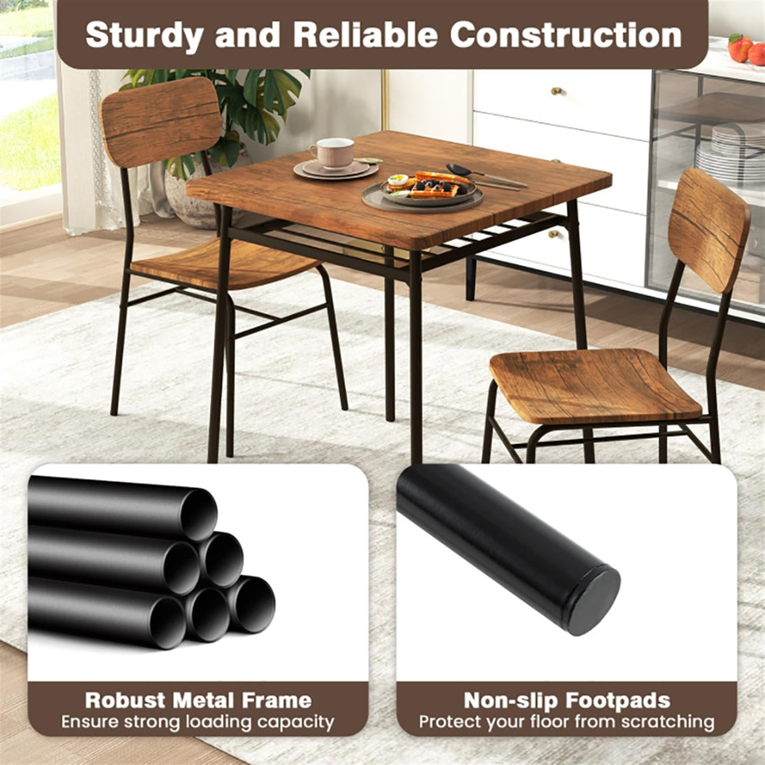 Demi Bonn 3-Piece Dining Table Set with 2 Chairs, 28" Wood Square Kitchen Table with Metal Frame, Perfect for Small Space, Brown