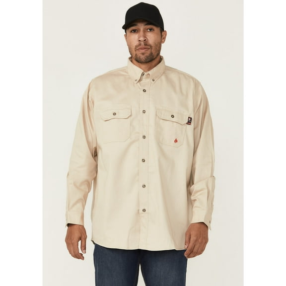 Forge Workwear Men's Fr Solid Long Sleeve Button-Down Work Shirt Stone Medium