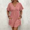 thumbnail image 2 of aidice Jumpsuit for Women V Neck Button Short Sleeve Ruched Loose Casual Zip Rompers Shorts Pockets, 2 of 5