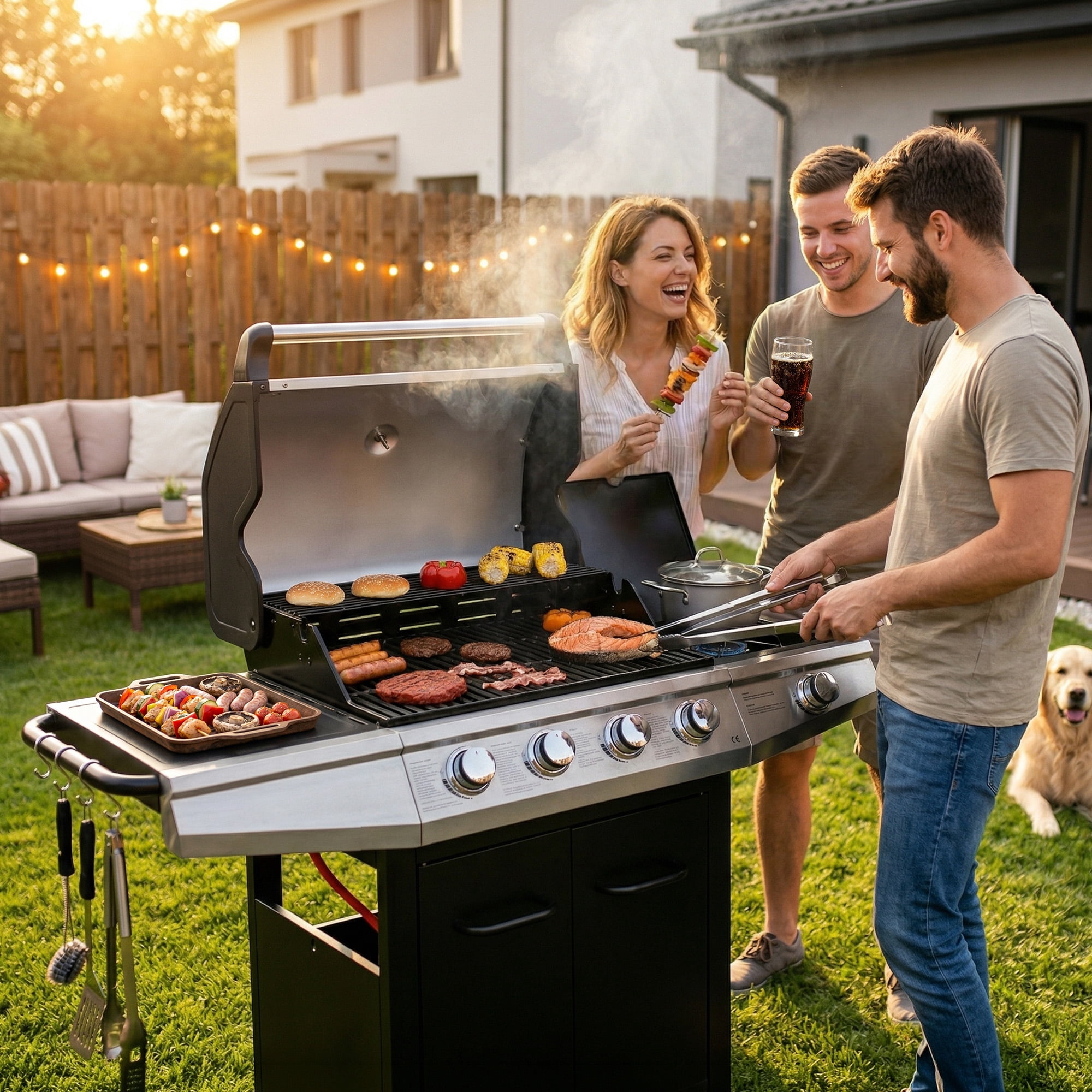 MASTER COOK 4+1 Burners Propane Grill, 52,000 BTU Cabinet Style Gas Grill with Side Burner, 518 Sqin Cooking Area Black