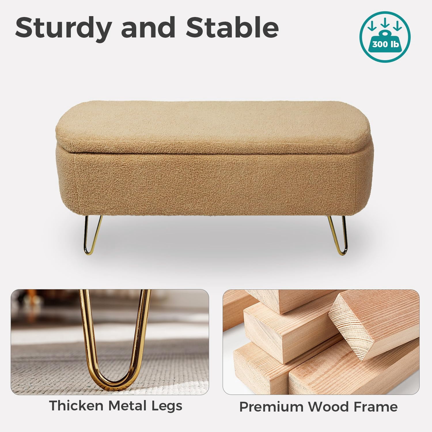 LEHZROAJ Upholstered Storage Bench,Rectangular Padded Ottoman, Shoe Storage with Gold Legs, End of Bed for Bedroom, Entryway, and Living Room(Camel)