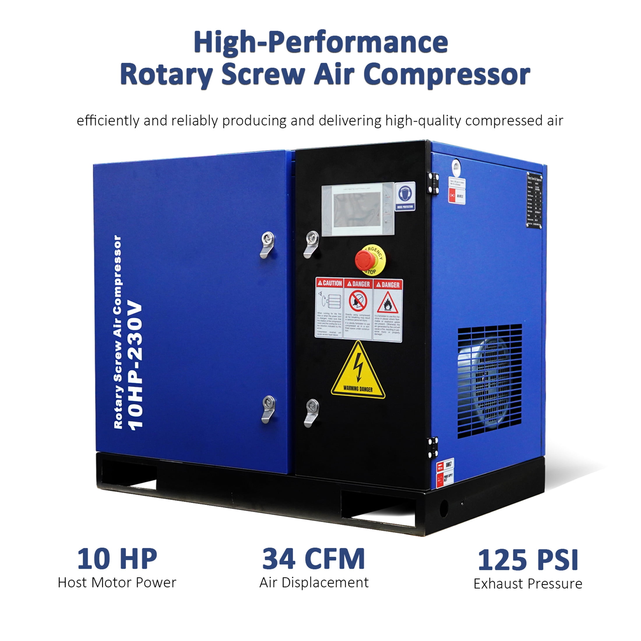 10HP Rotary Screw Air Compressor,  34CFM 125PSI, 230V 60Hz 3-Phase Variable Speed Frequency Industrial Air Compressor System, with PLC Touch Controller, Low Noise, Efficient Cooling System