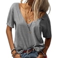 thumbnail image 3 of Grey T Shirts For Women's Fashion Deep V Neck Short Sleeve Top Solid Color Casual Loose Basic T Shirt Cotton, 3 of 5