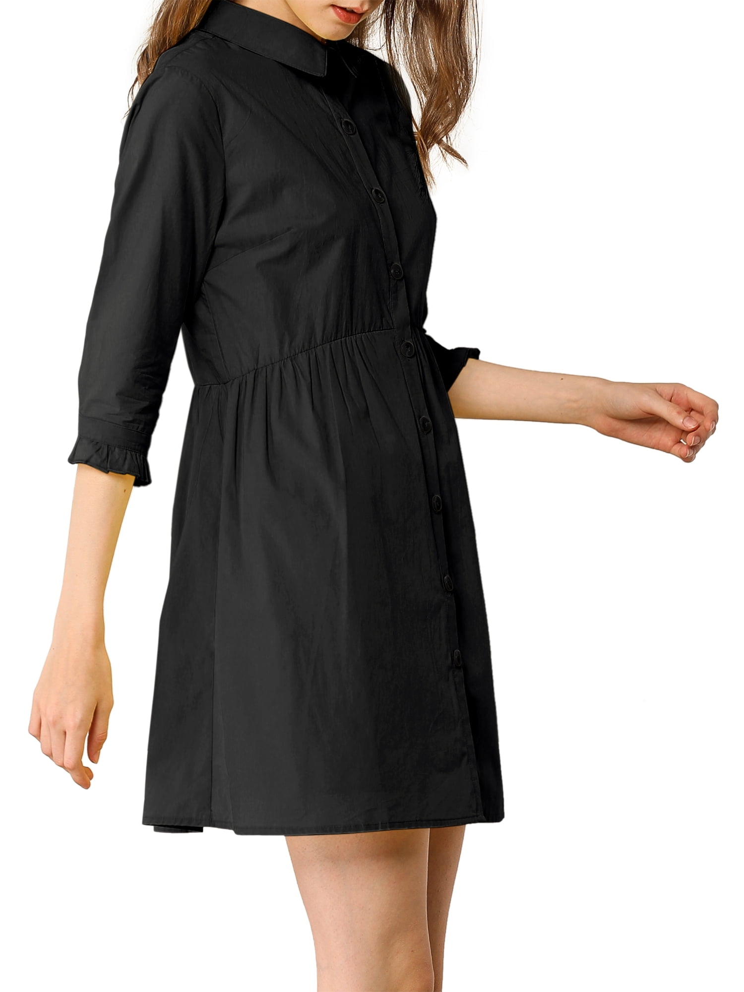 DARING DIVA Elegant Collar Flare 3/4 Sleeve Button Mini Shirt Dress S Black
