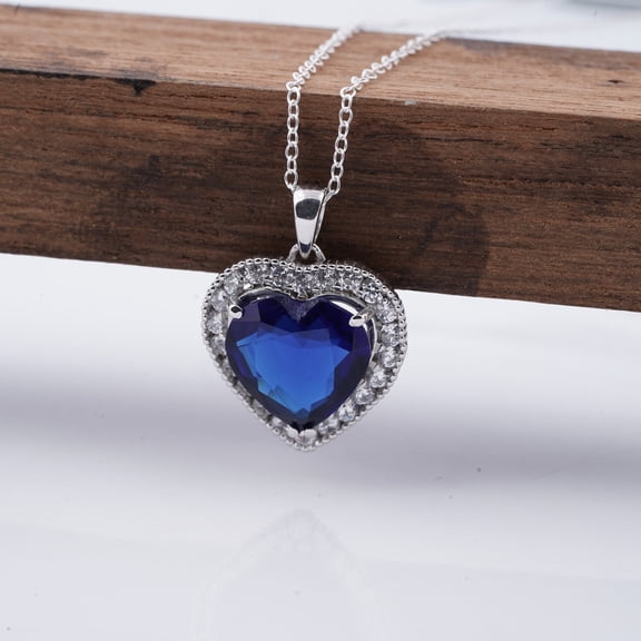 Bluebelljewels Heart Cut Lab Created Blue Sapphire 14K White Gold Finish Love Classy Pendant Necklace