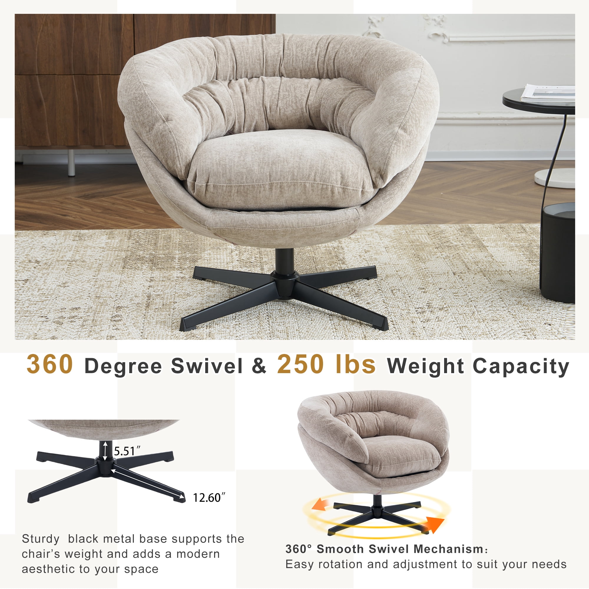 EUROCO 33" Ergonomic Chenille Swivel Chair,Cotton Accent Chair with Soft Thick Removable Cushion and Metal Base,360 Degree Swivel for Living, Bedroom, Reading Room,Brown