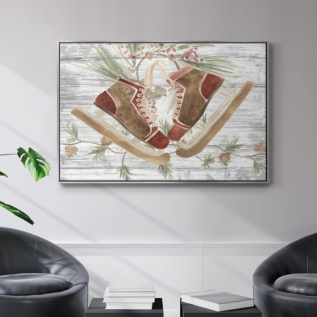 Pinecone Lodge Collection A - Framed Gallery Wrapped Holiday Canvas - 17 x 25 - Silver Frame