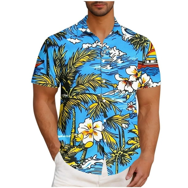Mens Casual Manga Corta Botón Abajo Camisas Turndown Cuello Blusa de Impresión, Poliéster Ligero Top de la Moda para el Verano Al Aire Libre Y el Uso Diario