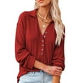 thumbnail image 2 of Blusa de mujer de punto con cuello vuelto y manga larga en color rojo, escote en V, estilo informal, talla XXL, 2 of 6