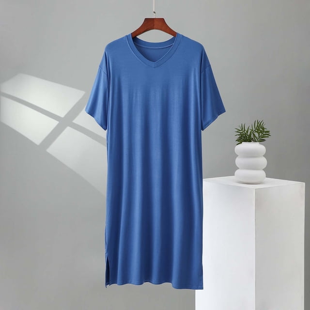 Men's Solid Color V-Neck Short Sleeve Nightgown Robe with Lace Trim and Belt for Home Wear