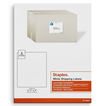 Staples Laser/Inkjet Shipping Labels 3 1/3" x 4" White 6 Labels/Sheet 479876