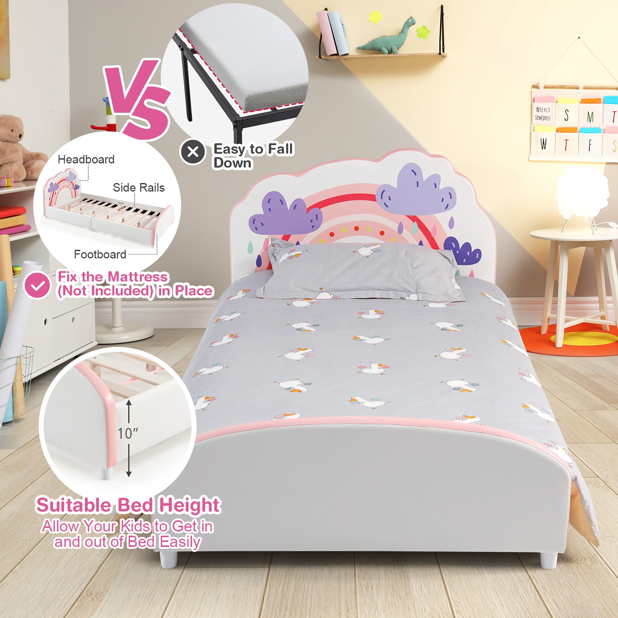 Costway Kids Upholstered Platform Bed Children Twin Size Wooden Bed Rainbow Pattern